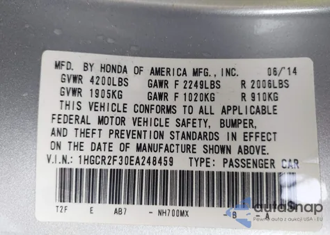 2014 Honda Accord Lx z USA, uszkodzony, nr VIN 1HGCR2F30EA248459